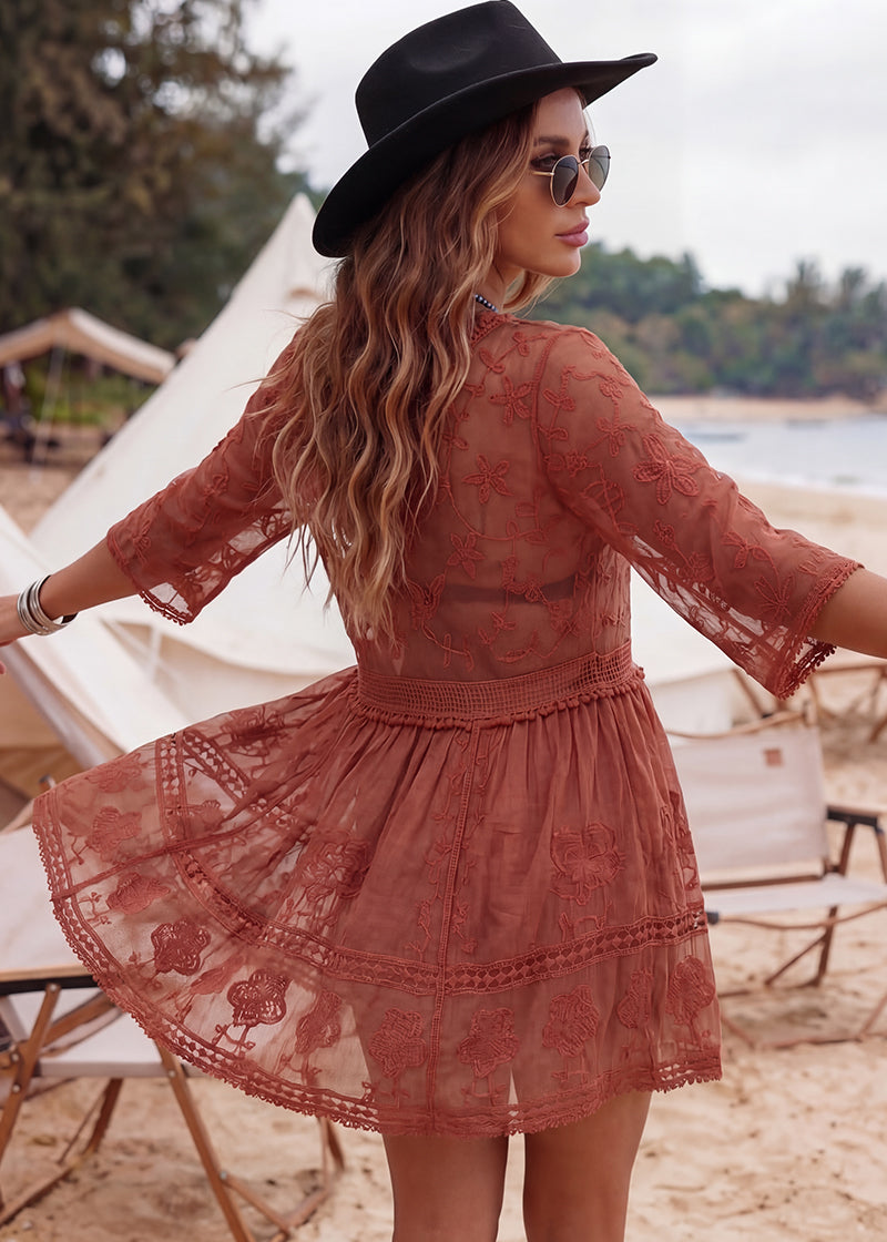 Contrast Lace Bathing Suit Cover Up V-Neck Swimsuit Coverups