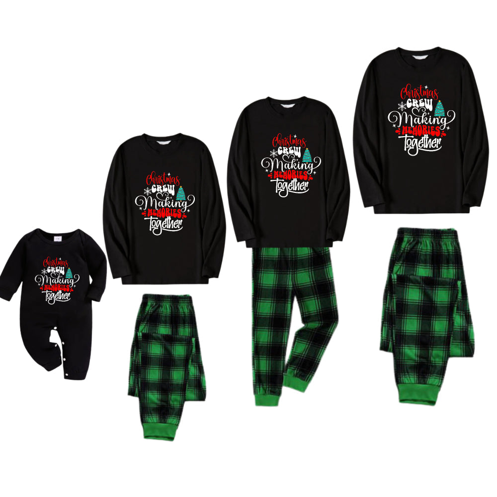 Christmas Family Matching Pajamas-Black Top and Green Plaid Pants Pjs Set with "Christmas Crew Making Memories Together" Artistic Font Print