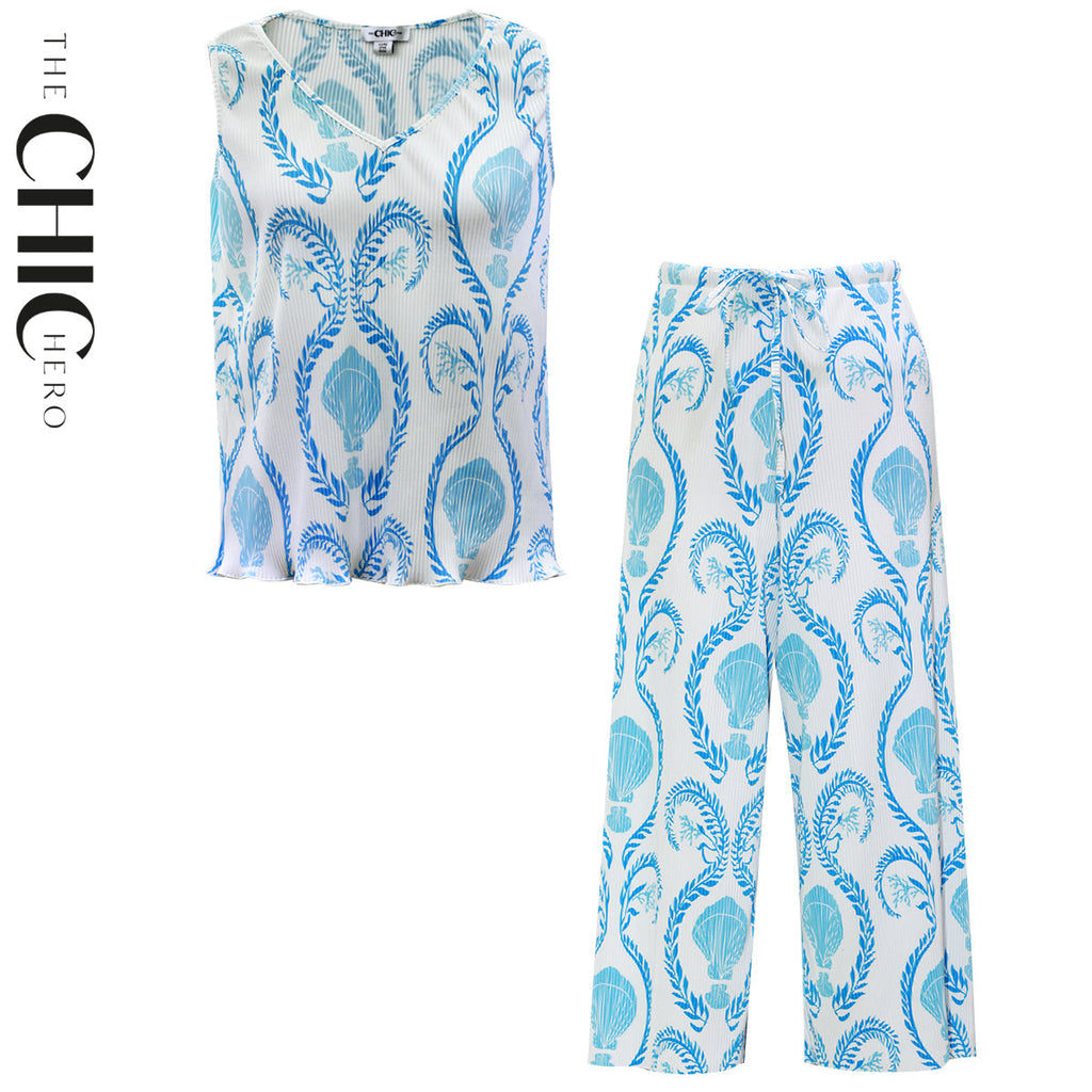 Blue Shell Motifs Prints Nautical V-Neck Vest Top & Pleated Pants