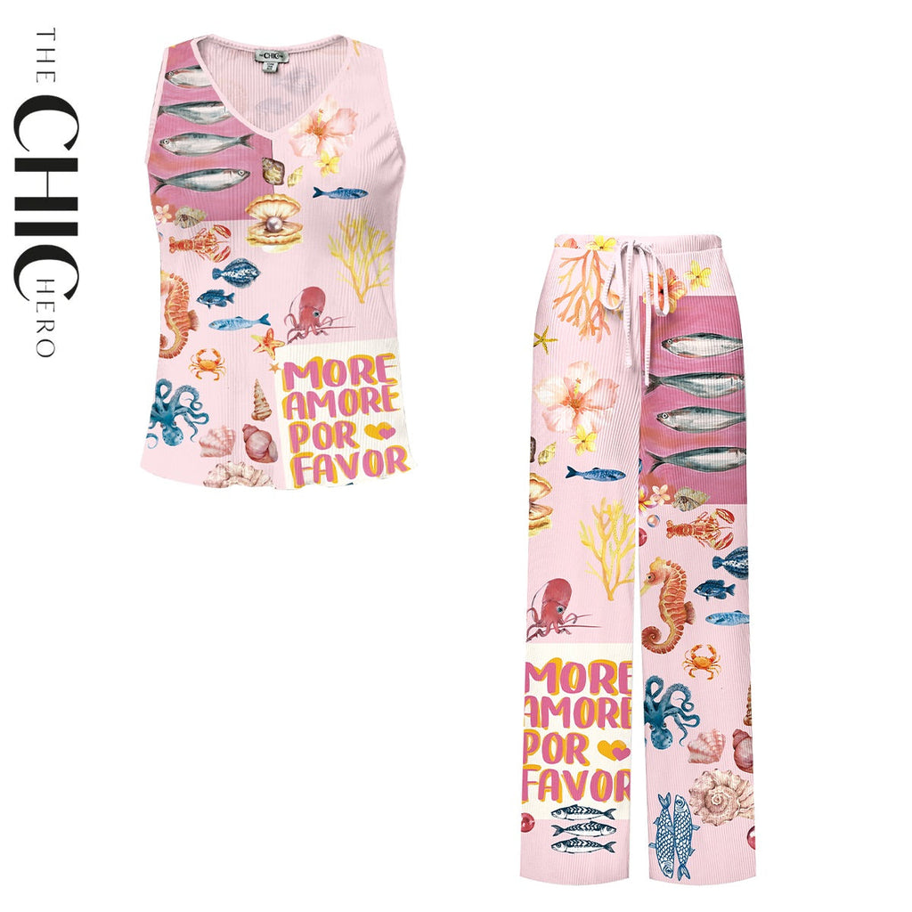 Ocean Love Pink Sea Life V-Neck Vest Top & Pleated Pants