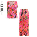 Colorful Floral Sleeveless Tropical Pattern V-Neck Vest Top & Pleated Pants