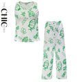 Green Whimsical Illustrated Print Pattern V-Neck Vest Top & Pleated Pants