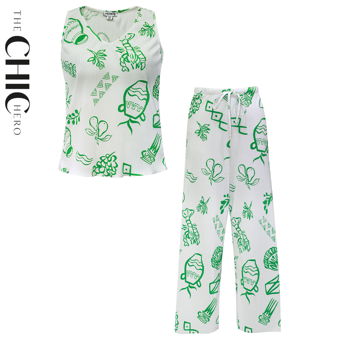Green Whimsical Illustrated Print Pattern V-Neck Vest Top & Pleated Pants