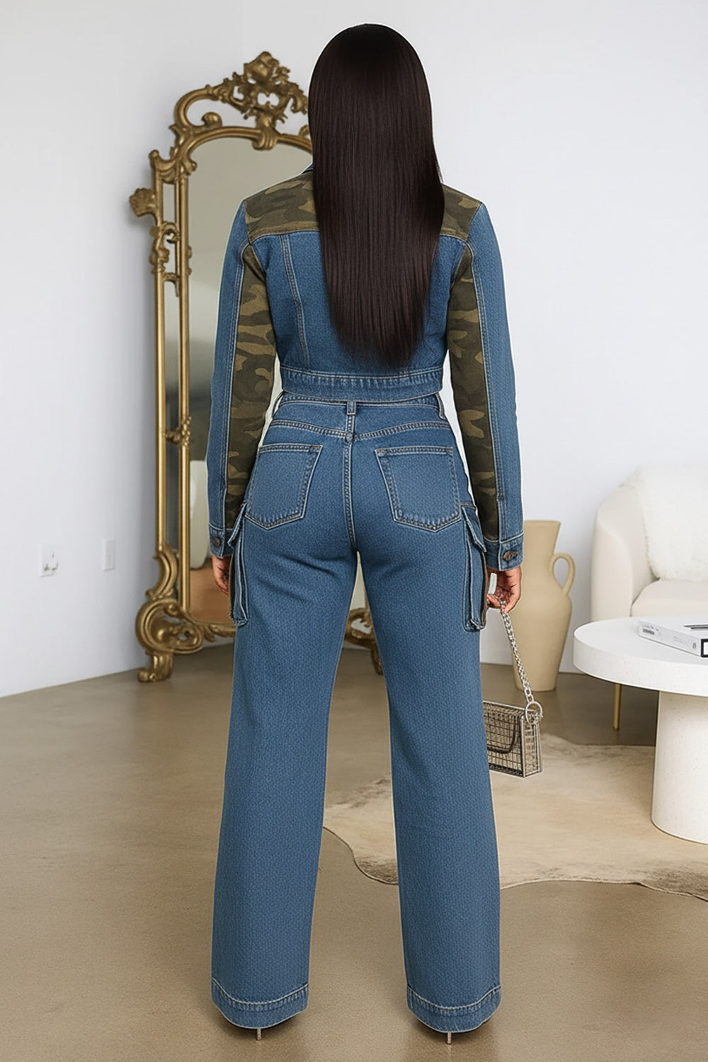 Patchwork Notch Lapel Collar Jacket Pants Denim 2pcs Set-Blue