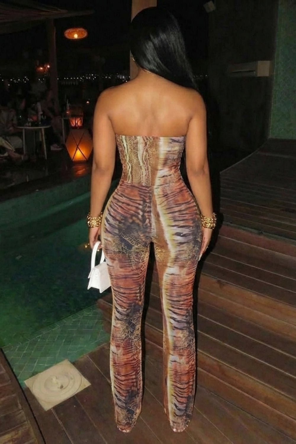 Strapless Cut Out Animal Print Bodycon Party Jumpsuit-Brown