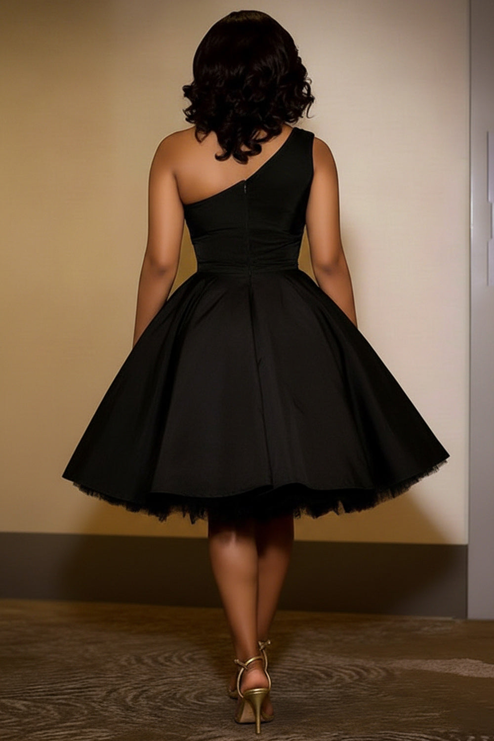 One Shoulder Cinch Waist Floral A-Line Gowns Mini Dresses-Black
