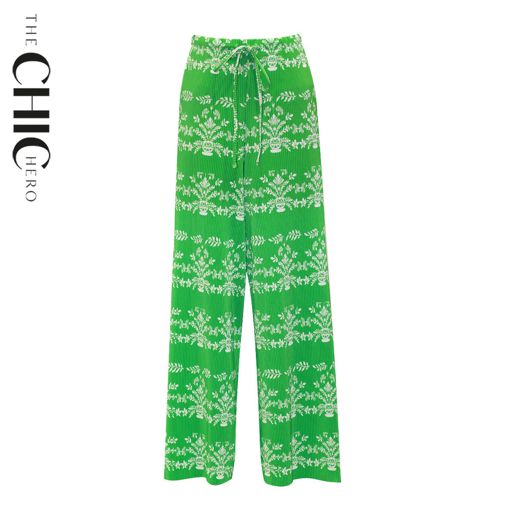 Green Elegant Floral Pot Patterns V-Neck Vest Top & Pleated Pants