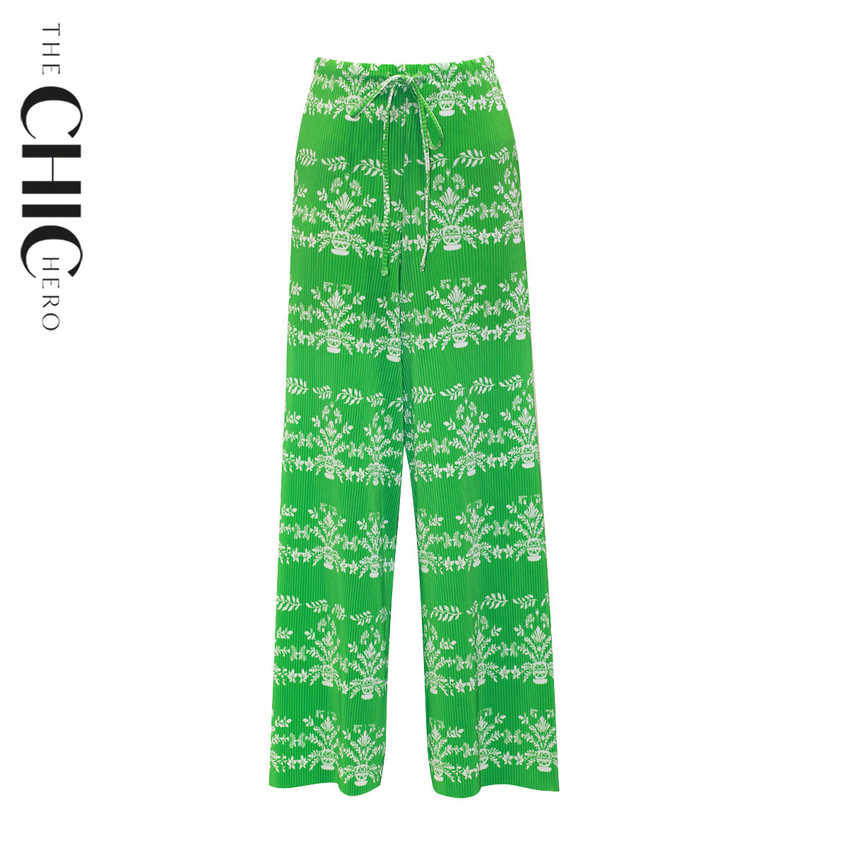 Green Elegant Floral Pot Patterns V-Neck Vest Top & Pleated Pants