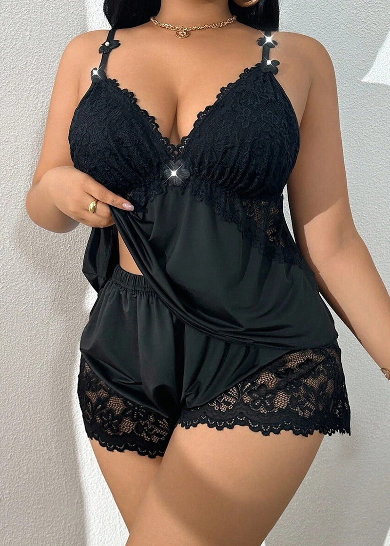 Plus Size Lace Satin Cami Pajama Set – Sexy Two-Piece Sleepwear for Women