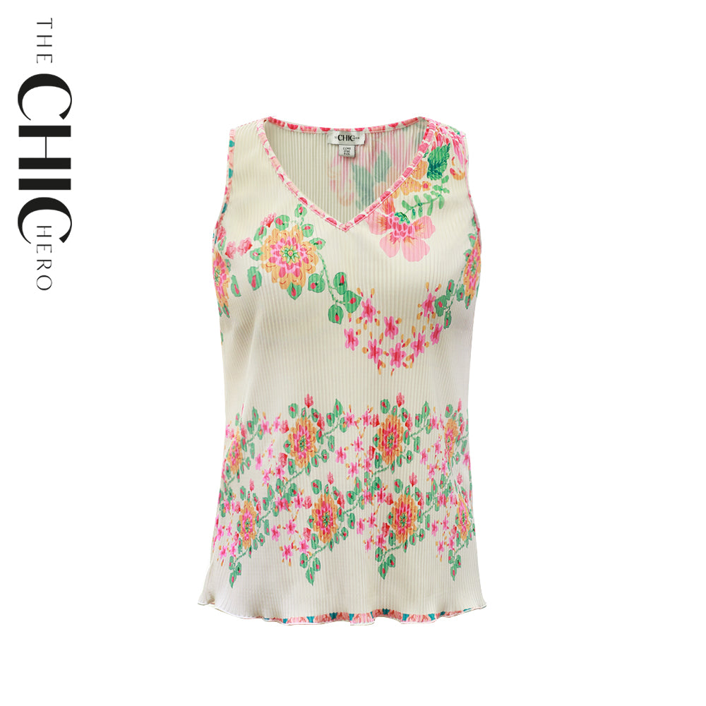 Colorful Floral Patterns V-Neck Vest Top & Pleated Pants