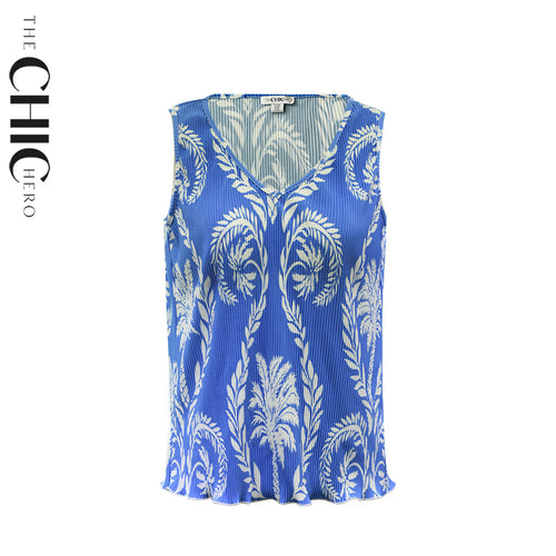 Blue Tropical Palm Leaf Patterns Vest Top & Pleated Pants