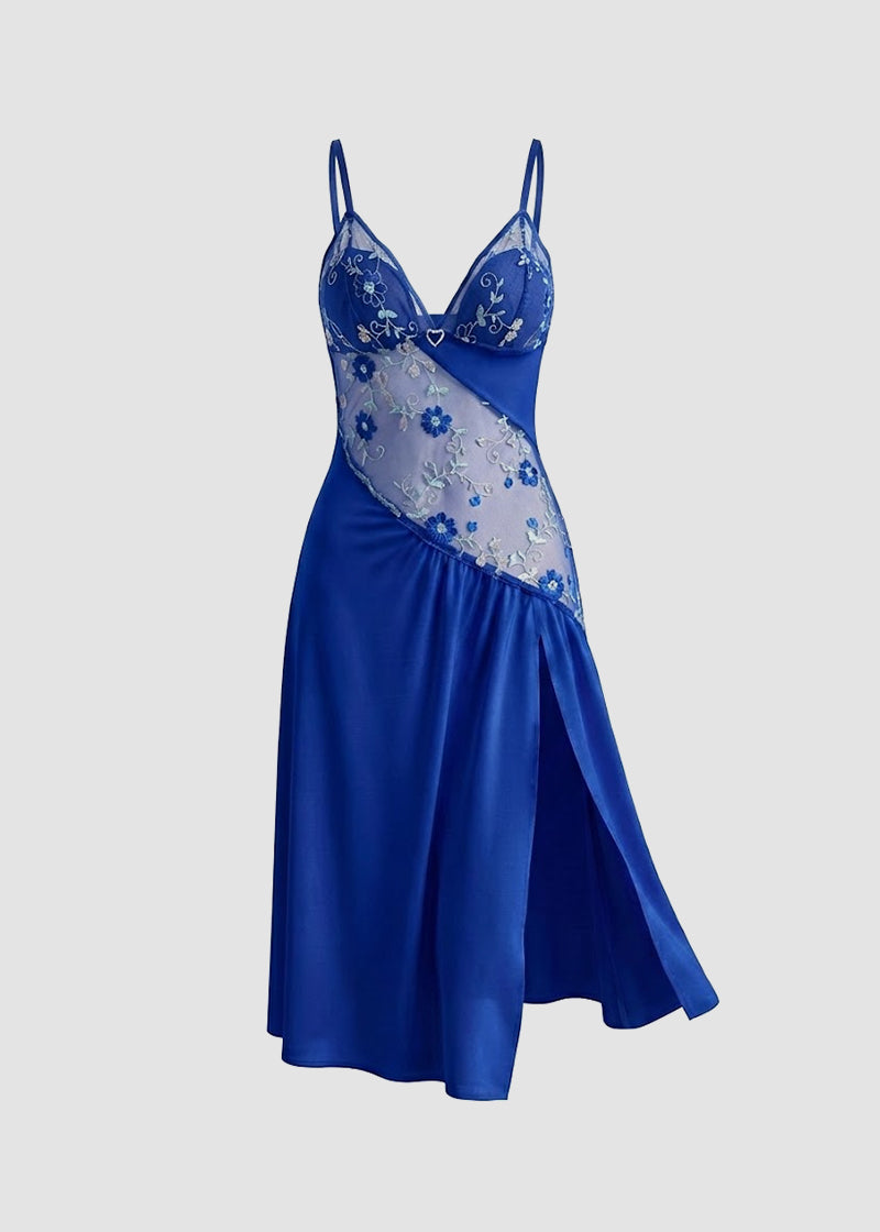 Sexy Sheer Mesh Nightgown – Floral Embroidery Babydoll