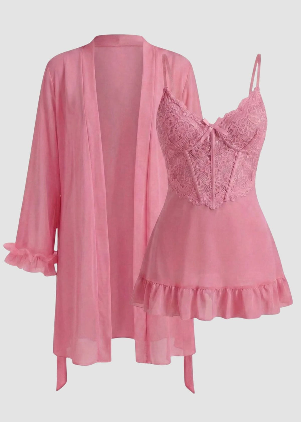 Lace Cami Nightgown & Floral Lace Trim Wide Sleeve Sheer Robe