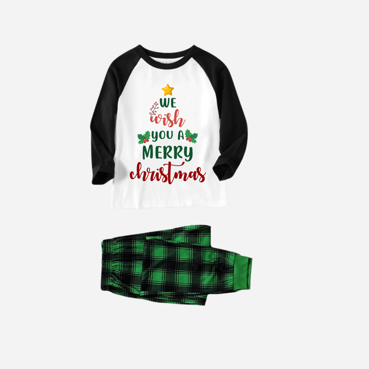 Black Raglan Top Green Plaid Christmas Pajamas Set With "We Wish You a Merry Christmas" Text Print