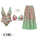 Mint Green & Pink Florals One-Piece Swimsuit&Bikini&Skirt