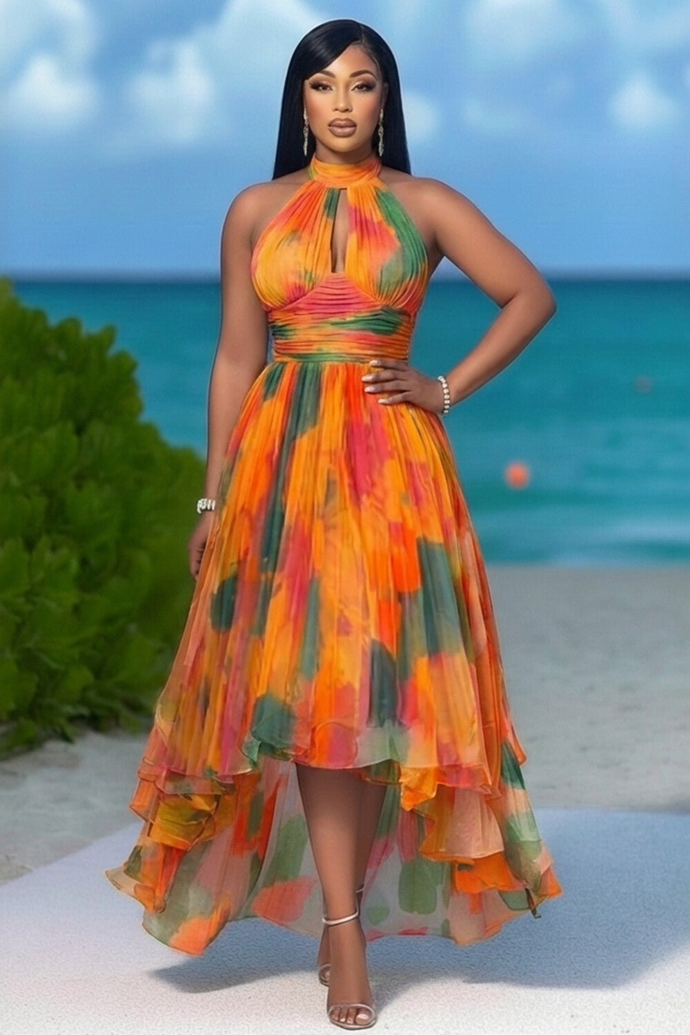 Halter Sleeveless Cut Out Ruffle Vacation Maxi Dresses-Orange