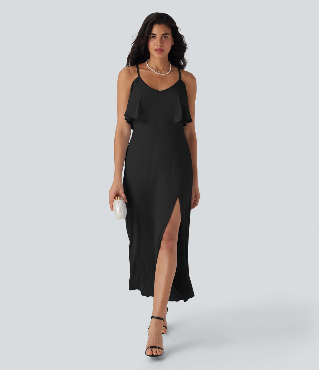 Ruffle Maxi Slip Dress with Pockets