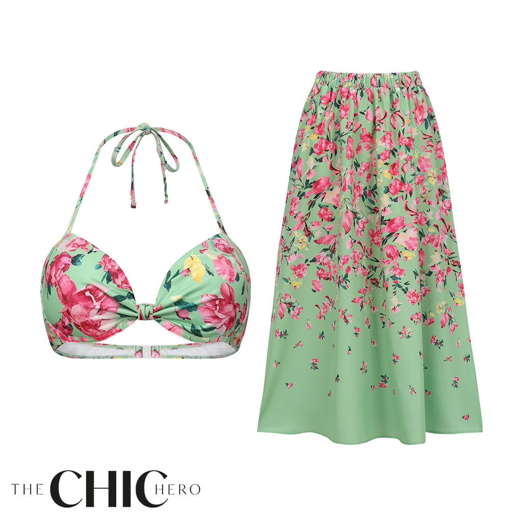 Mint Green & Pink Florals One-Piece Bikini&Skirt