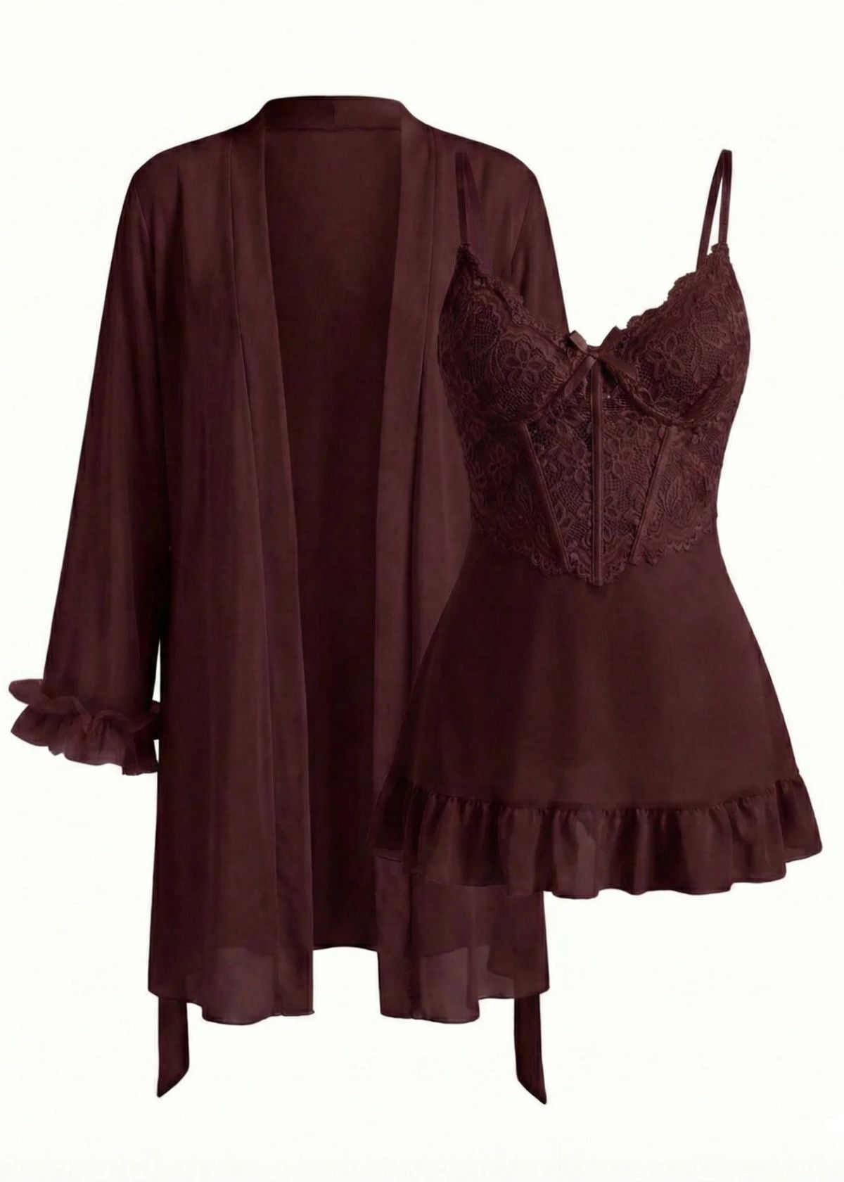Lace Cami Nightgown & Floral Lace Trim Wide Sleeve Sheer Robe