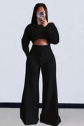 Plain Long Sleeve Crop Sweatshirt Pocket Wide Leg Pants Matching Set-Gray