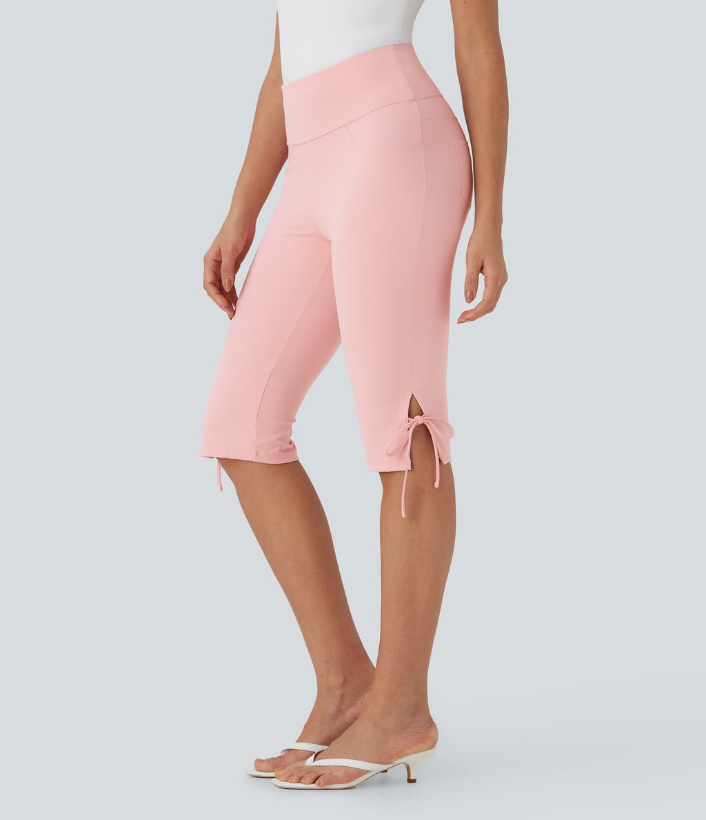 Mid Rise Lace Up Capri Casual Pants with Pockets