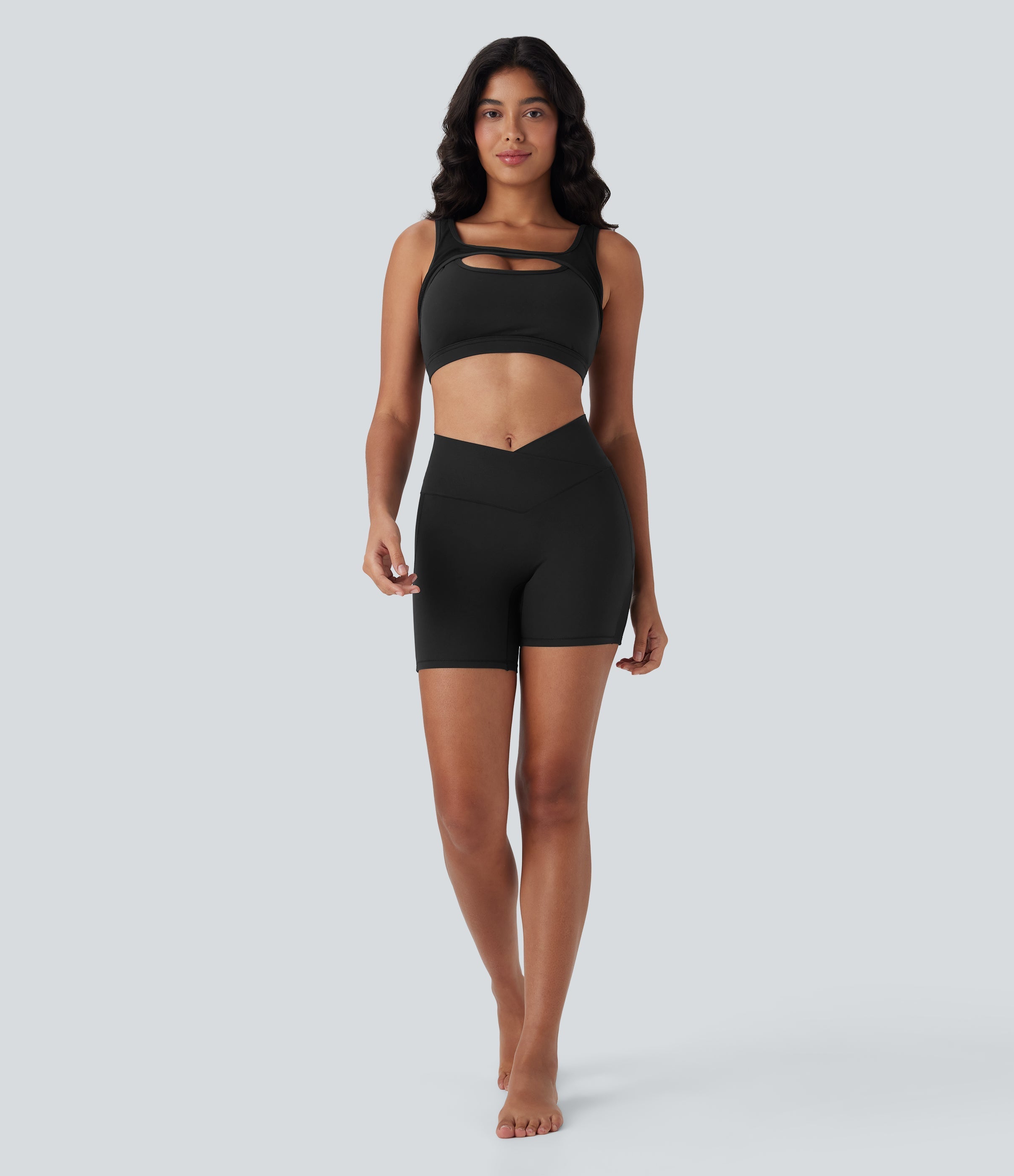 SoftlyZeroTM High Waisted Crossover Contrast Mesh Yoga Biker Shorts 5'' with Pocket-UPF50+