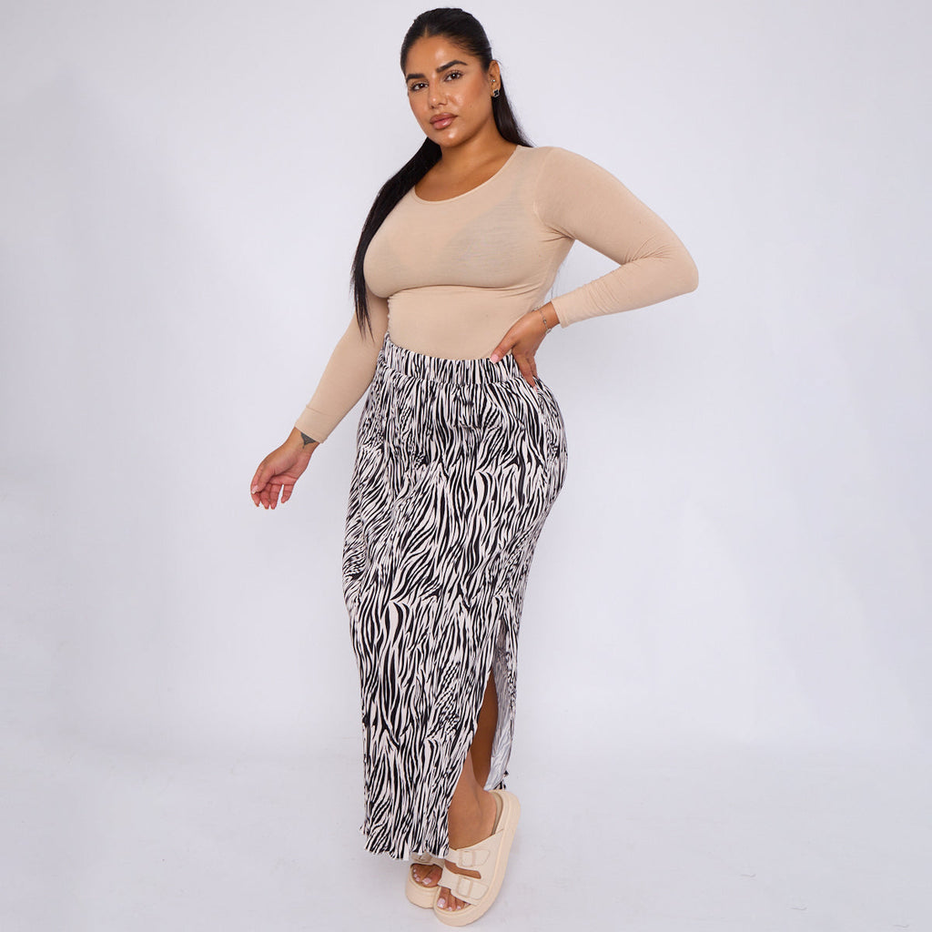 Black Zebra Abstract Print Ripple Pleated Skirt
