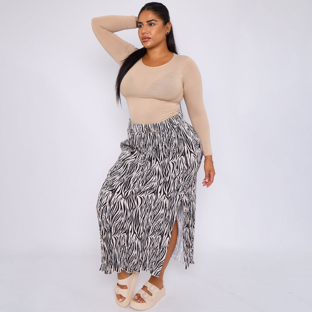 Black Zebra Abstract Print Ripple Pleated Skirt