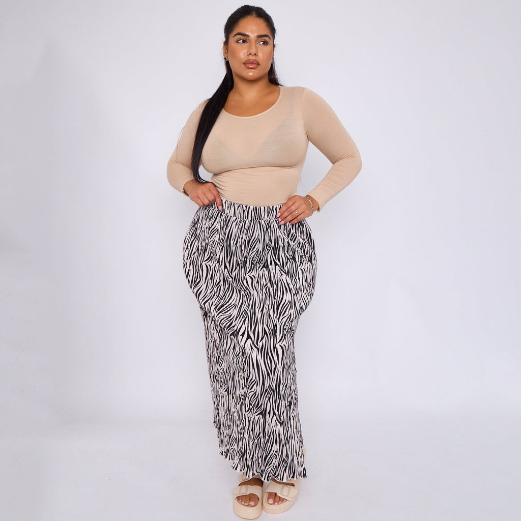 Black Zebra Abstract Print Ripple Pleated Skirt