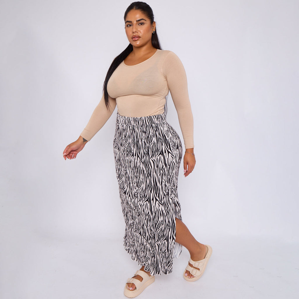 Black Zebra Abstract Print Ripple Pleated Skirt