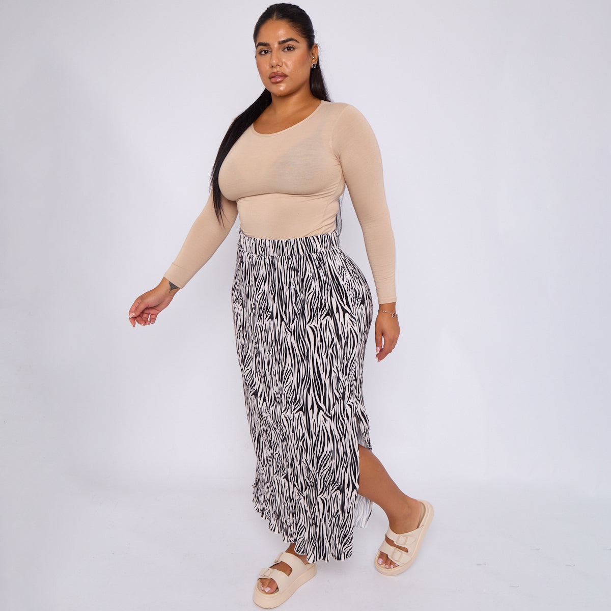 Black Zebra Abstract Print Ripple Pleated Skirt