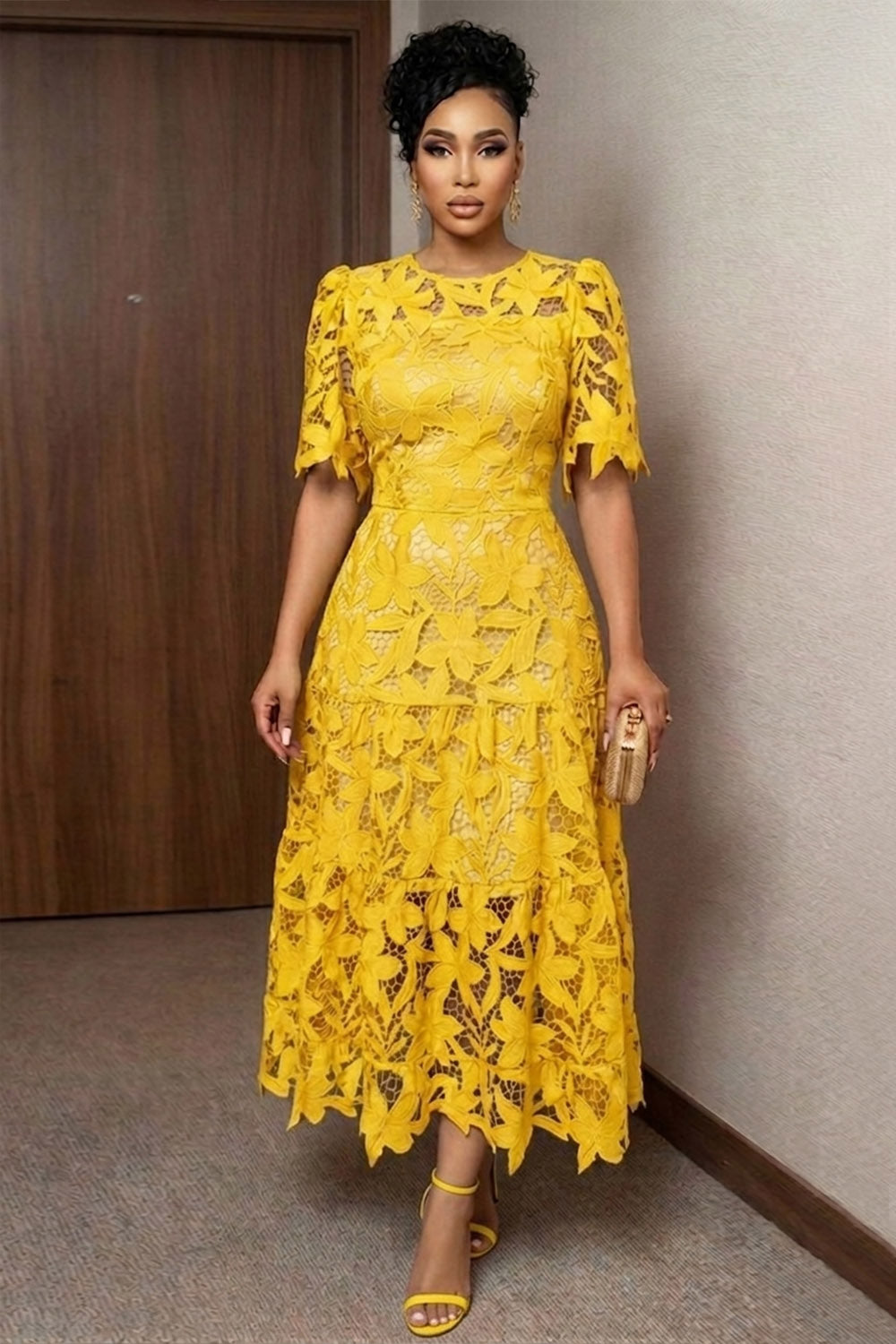 Round Neck Short Sleeve Guipure Lace Casual Maxi Dresses-Yellow