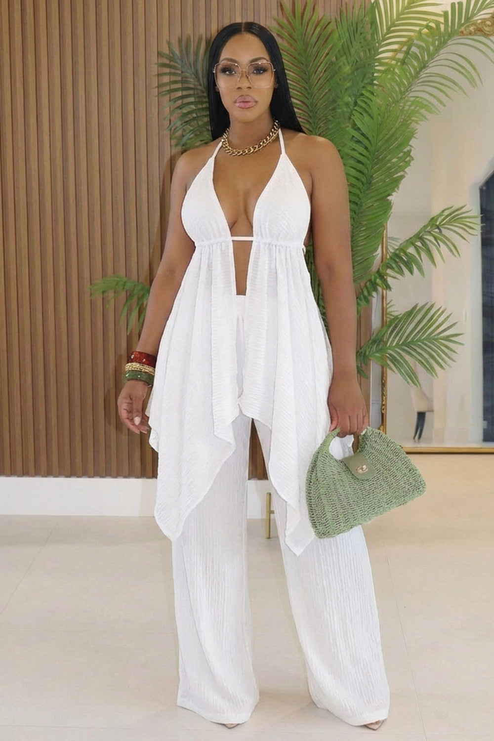 Halter Backless Top Straight Leg Pants Casual 2pcs Set-White