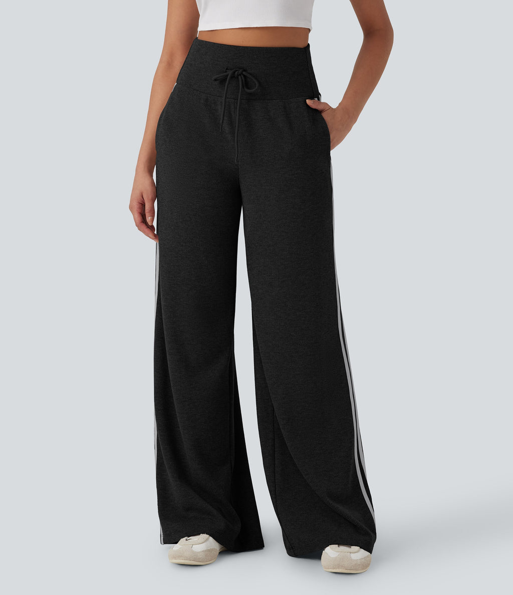2026🔥 Ribbed SoCinched High Waisted Tummy Control Drawstring Wide Leg Color Block Casual Trousers with Pockets