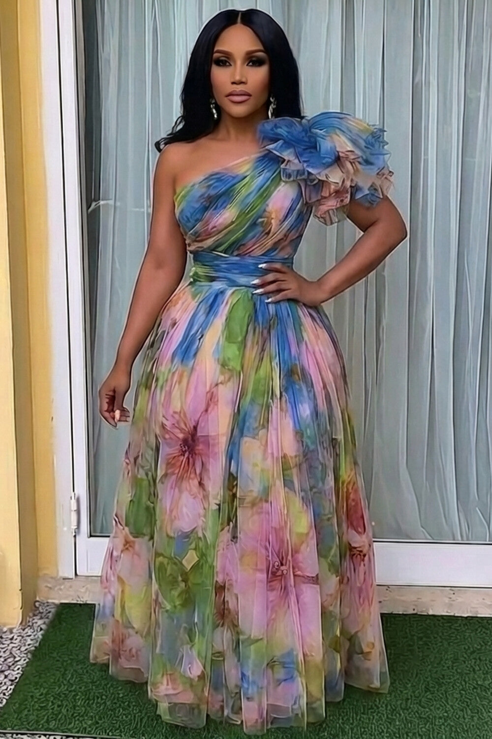 One Shoulder Cinch Waist Floral Gowns Maxi Dresses-Multicolor