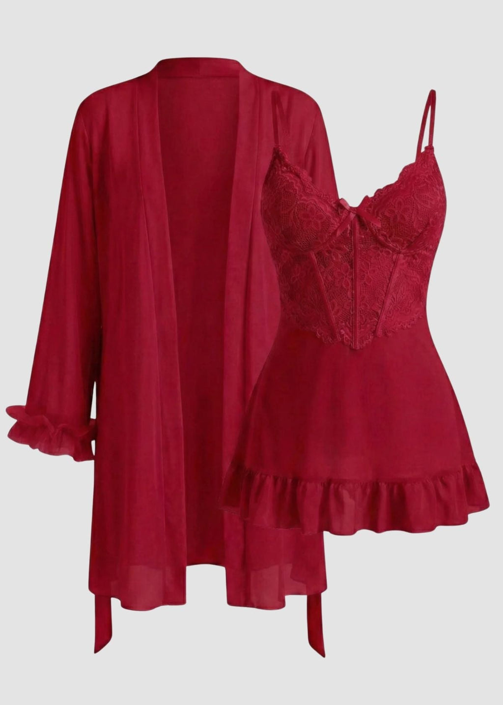 Lace Cami Nightgown & Floral Lace Trim Wide Sleeve Sheer Robe