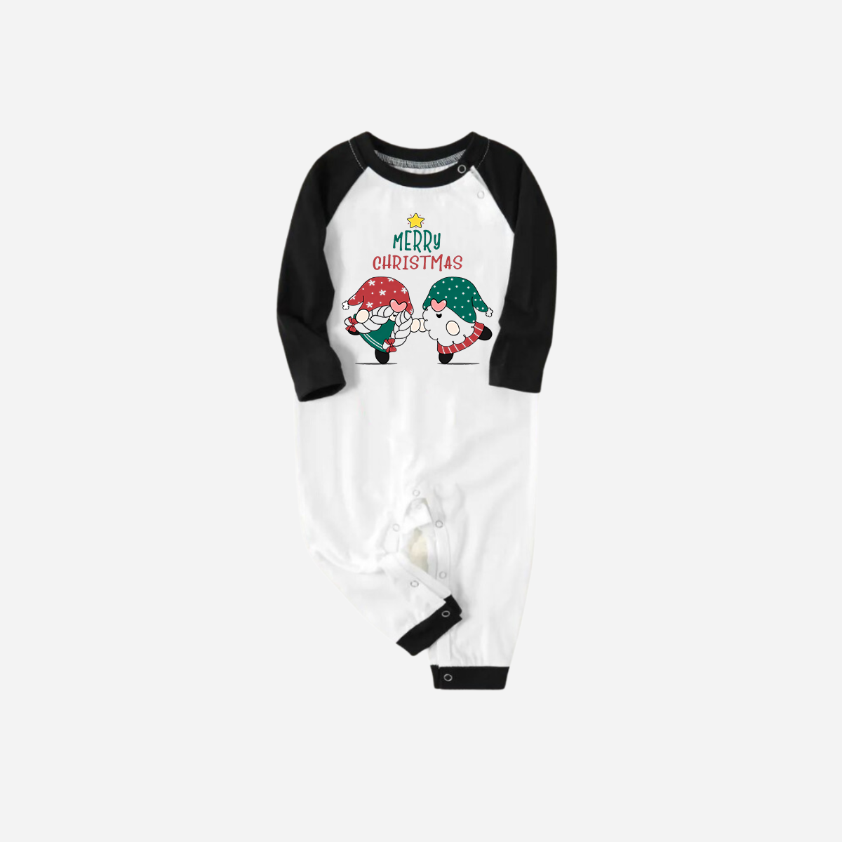 Black Raglan Top Green Plaid Christmas Pajamas Set With Gnome and Merry Christmas Text Print