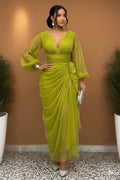 Deep V Neck Long Sleeve Ruched Mesh Gowns Maxi Dresses-Green