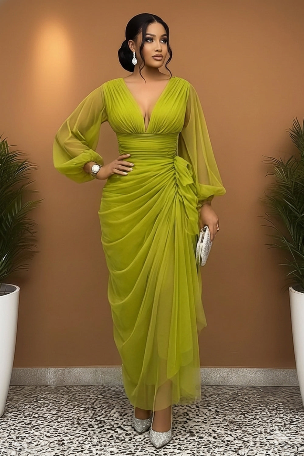 Deep V Neck Long Sleeve Ruched Mesh Gowns Maxi Dresses-Green