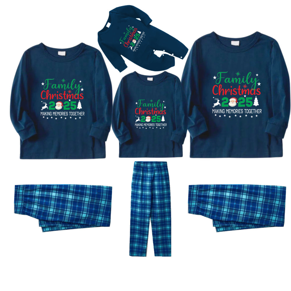 Christmas Family Matching Pajamas-Navy & Sky Blue Plaid Pjs Set with "Family Christmas 2025" and Santa Pattern Print