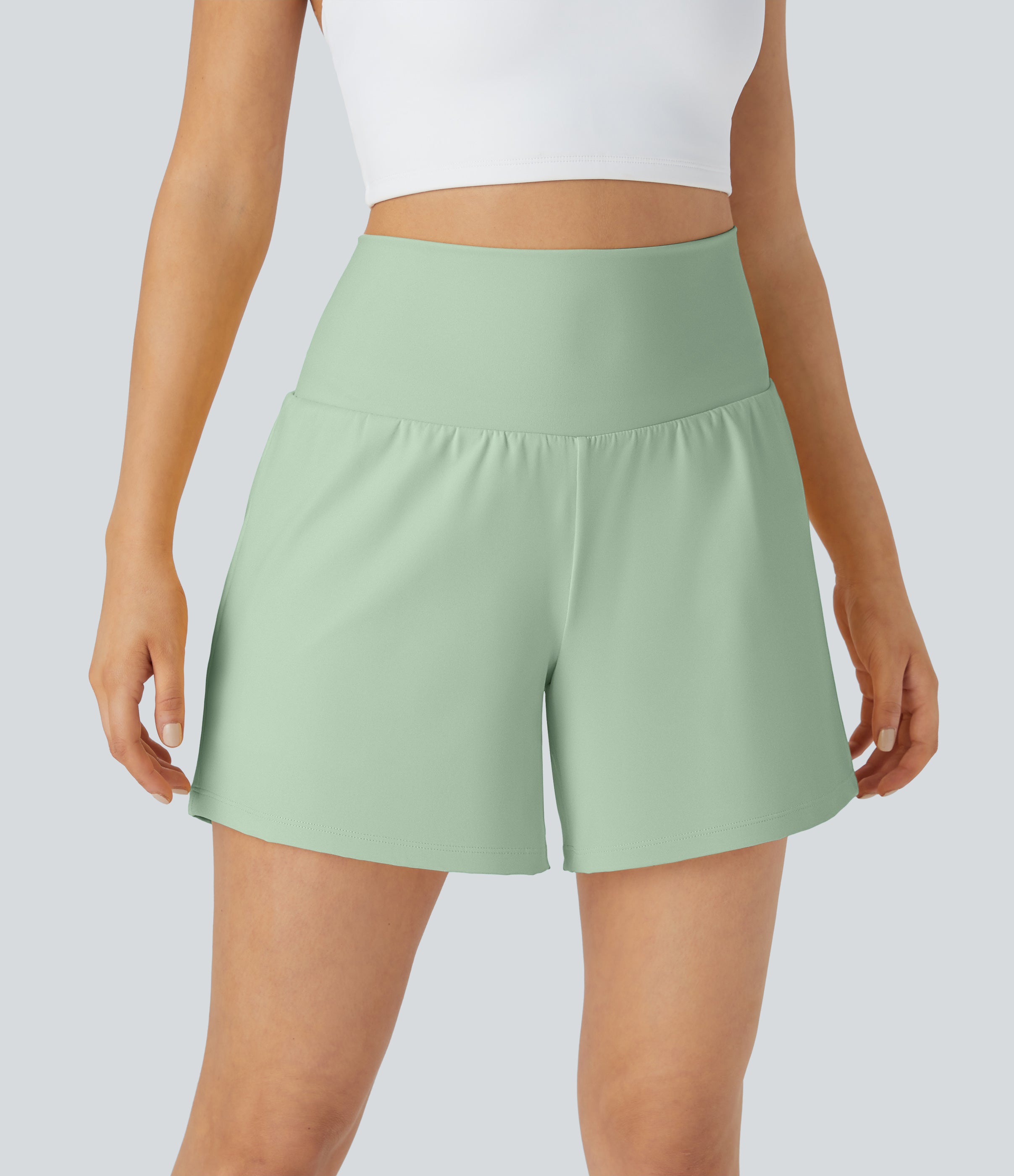 2026🔥UK Super High Waisted Back Pocket & Side Hidden Pocket 2-in-1 Yoga Shorts-Light Bean Green