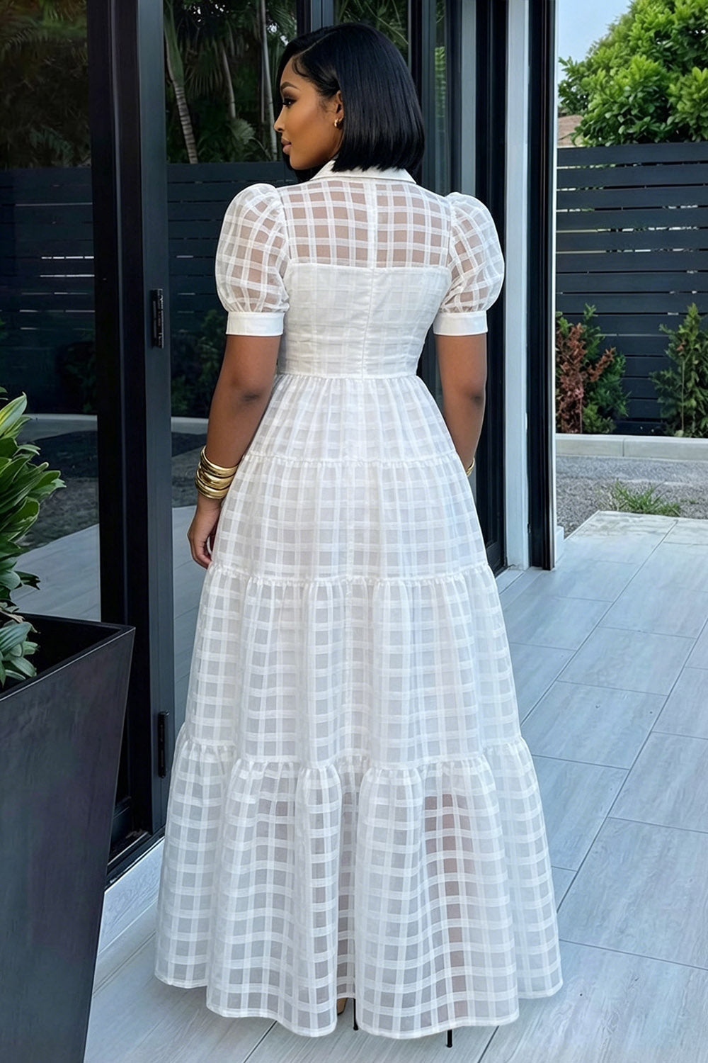 Turndown Collar Puff Sleeve Plaid A-Line Maxi Dresses-White [Pre Order]