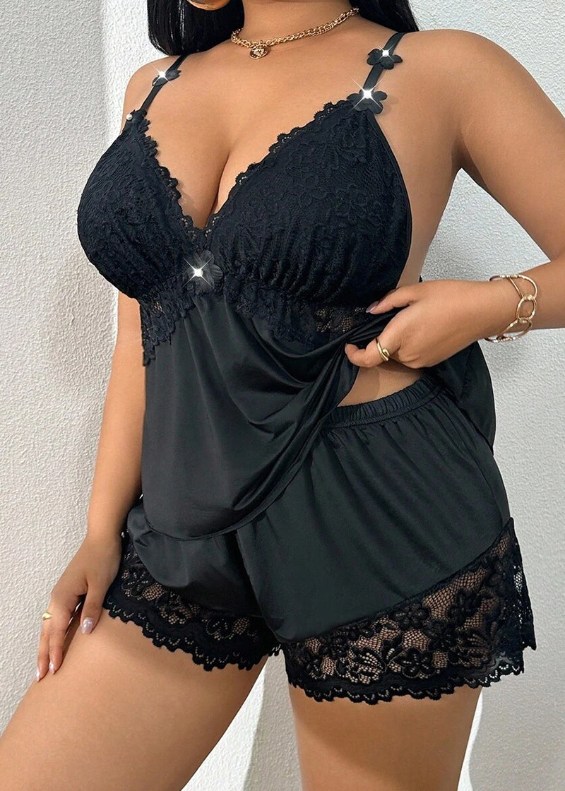 Plus Size Lace Satin Cami Pajama Set – Sexy Two-Piece Sleepwear for Women