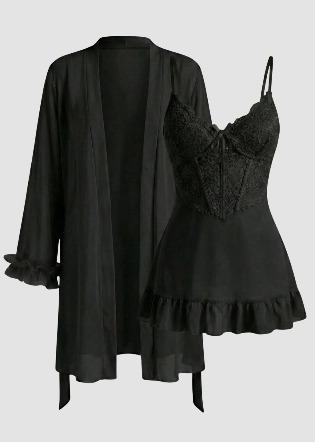 Lace Cami Nightgown & Floral Lace Trim Wide Sleeve Sheer Robe