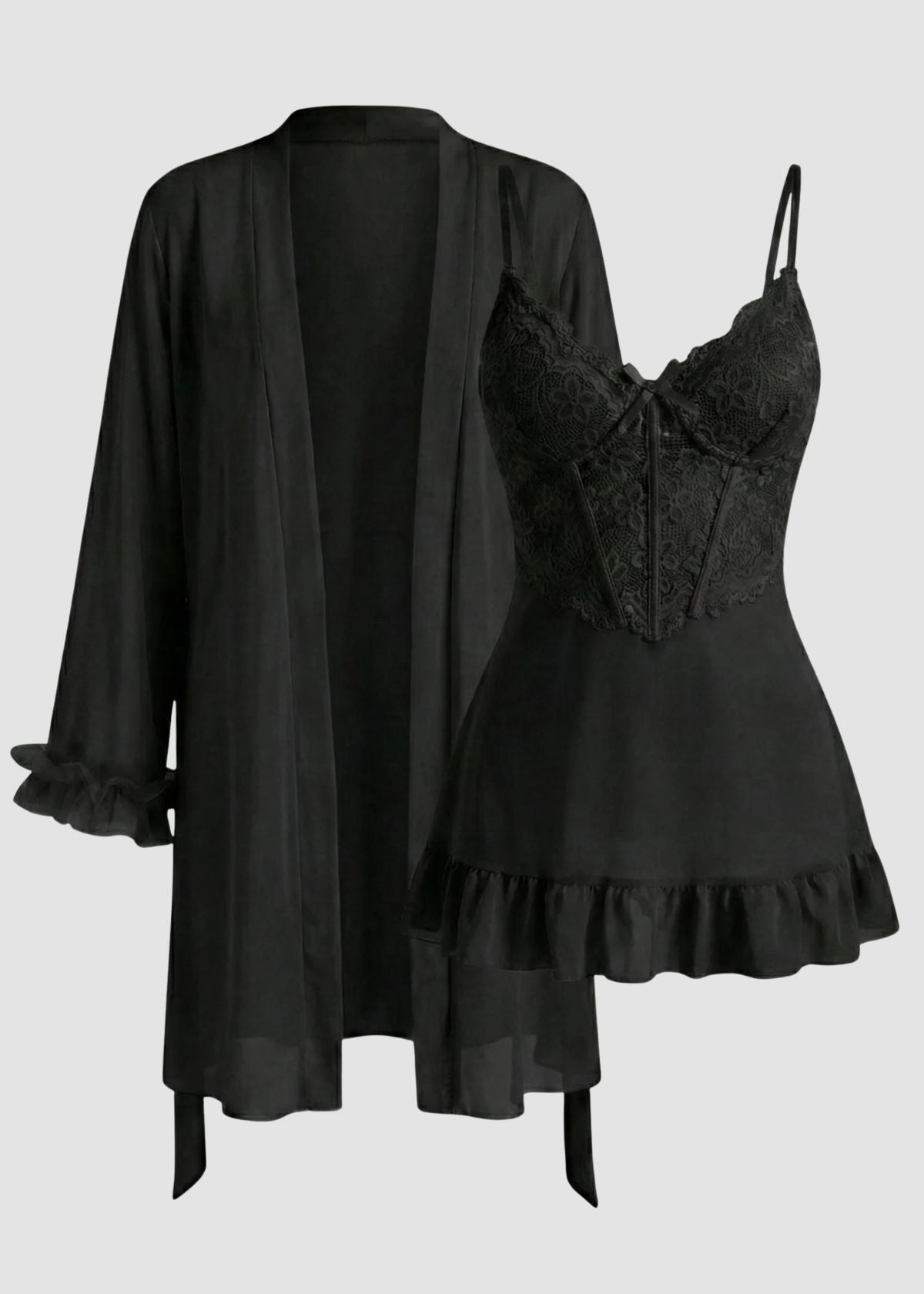 Lace Cami Nightgown & Floral Lace Trim Wide Sleeve Sheer Robe