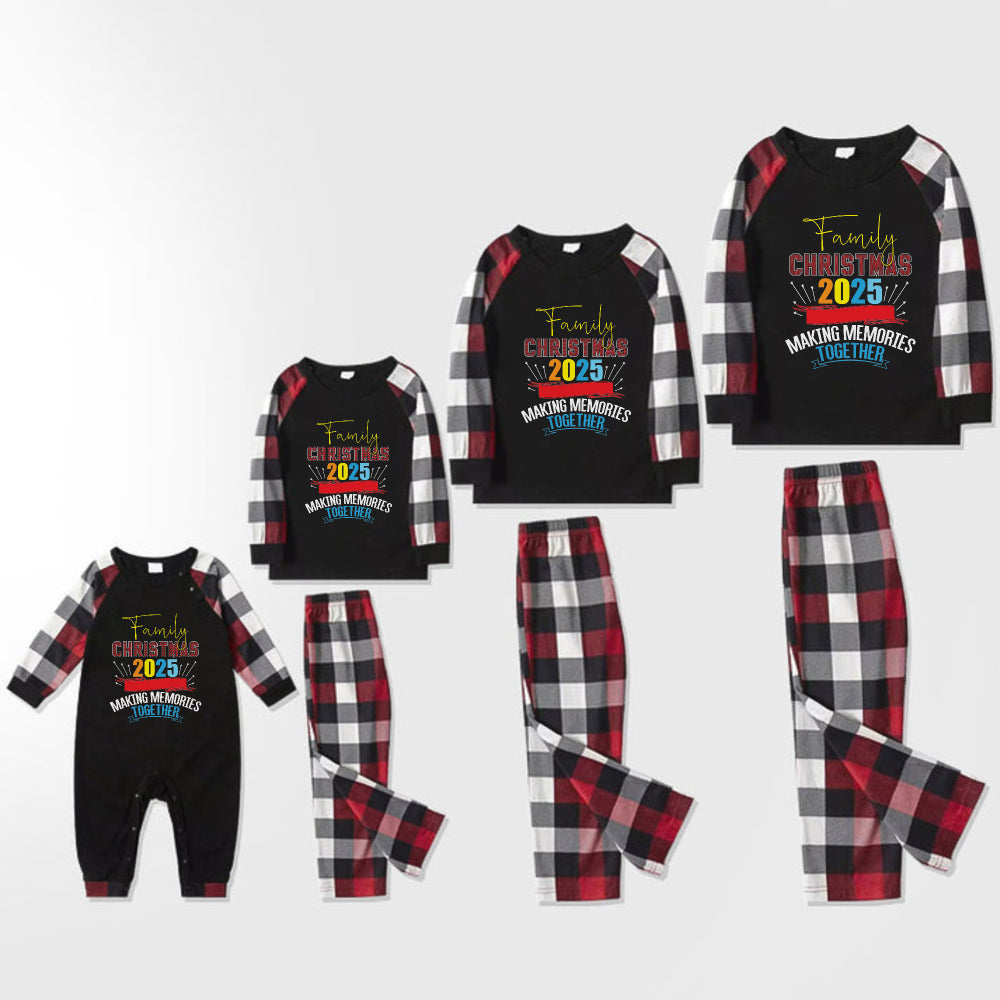 Christmas Family Matching Pajamas-Red and Gray Plaid Pjs set with "Family Christmas 2025 Making Memories Together" Colorful Print