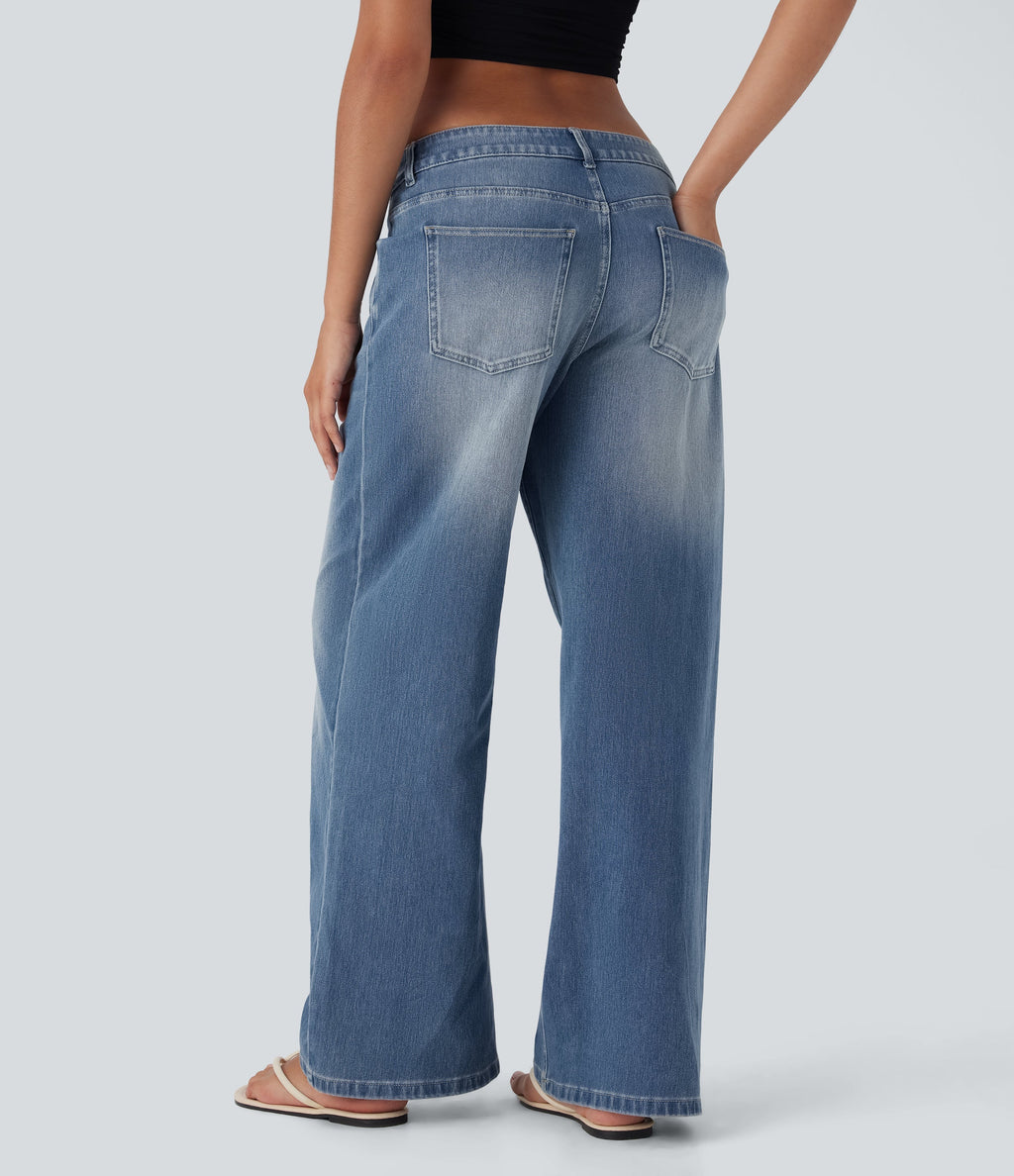 FlexTM Asymmetric Low Rise Zipper Pockets Baggy Wide Leg Washed Casual Jeans