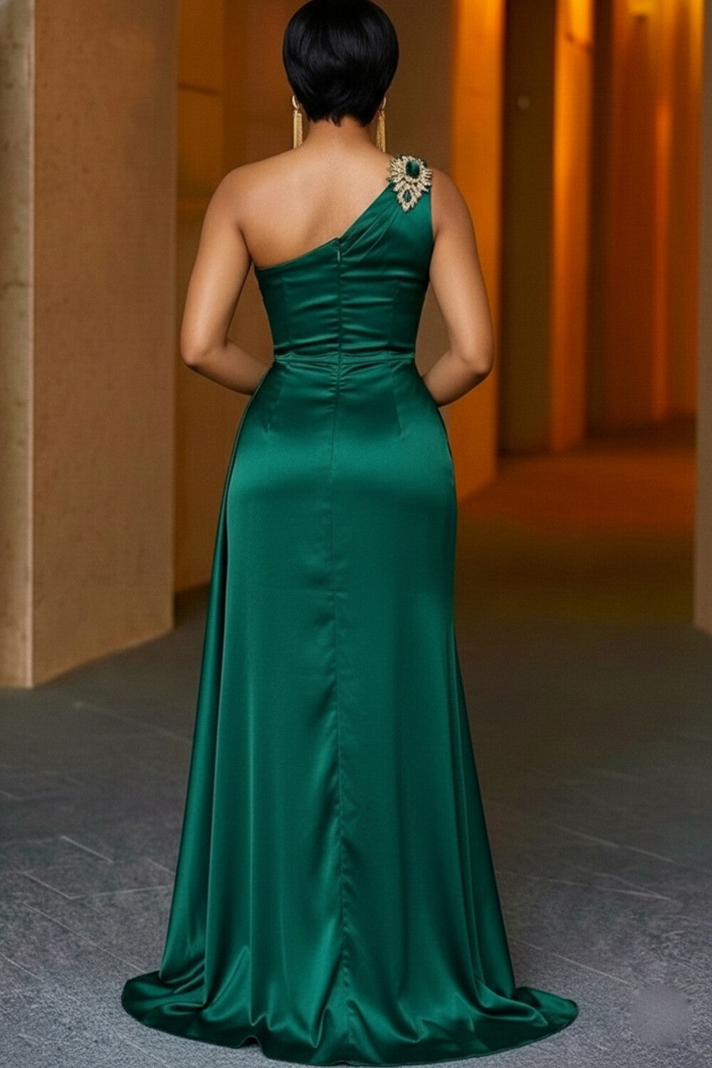 One Shoulder Cut Out Cinch Waist Ruched Slit Maxi Dresses-Green