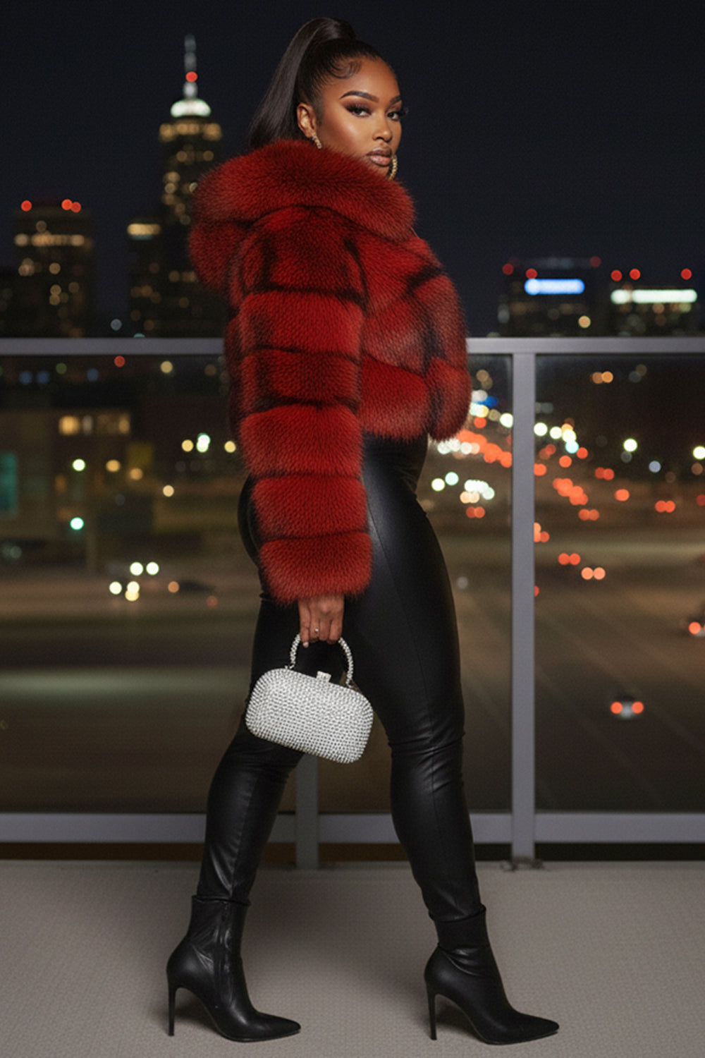 Ombre Faux Fur Zip-Up Hoodie Long Sleeve Crop Jacket-Red
