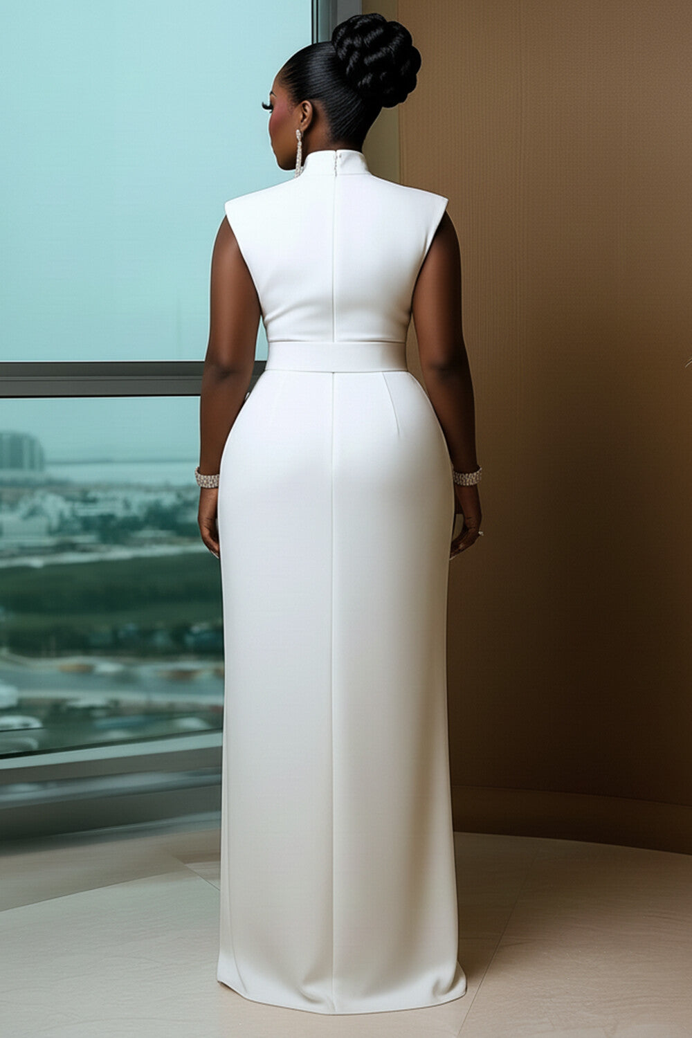 Mock Neck Cut Out Cinch Waist Bodycon Maxi Dresses-White